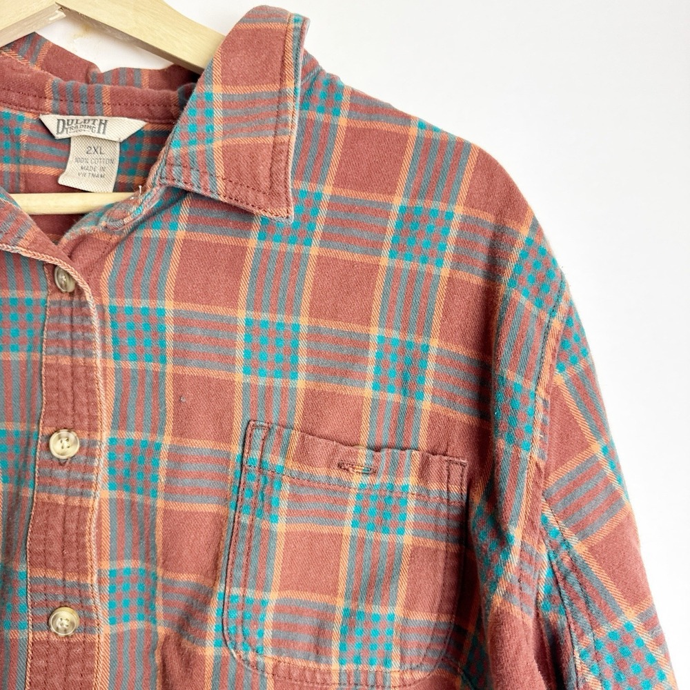 Duluth Women 2X Rust Turquoise Plaid Flannel Workwear Ranch Western - Picture 3 of 4
